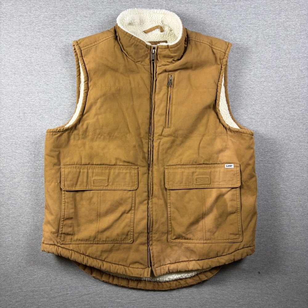 Lee Mens Sherpa Lined Workwear Canvas Duck Vest Large Brown Tan Utility